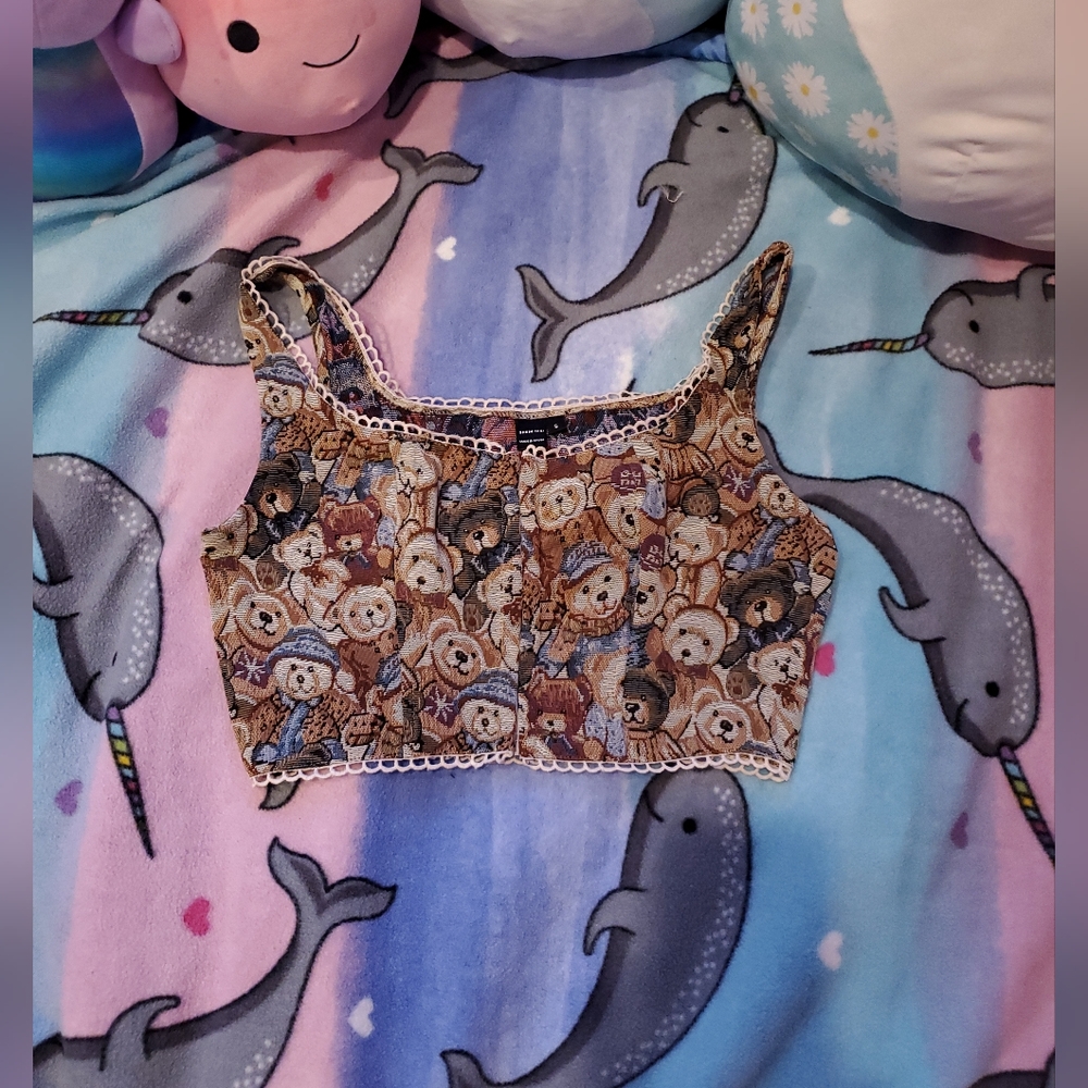 Shein Mod teddy bear tapestry corset top S